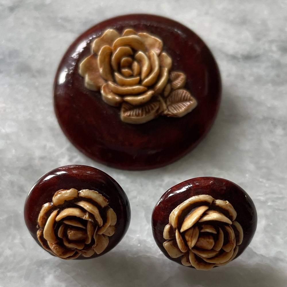 Vintage Carved Wood Flower Brooch/Pin and Earrings